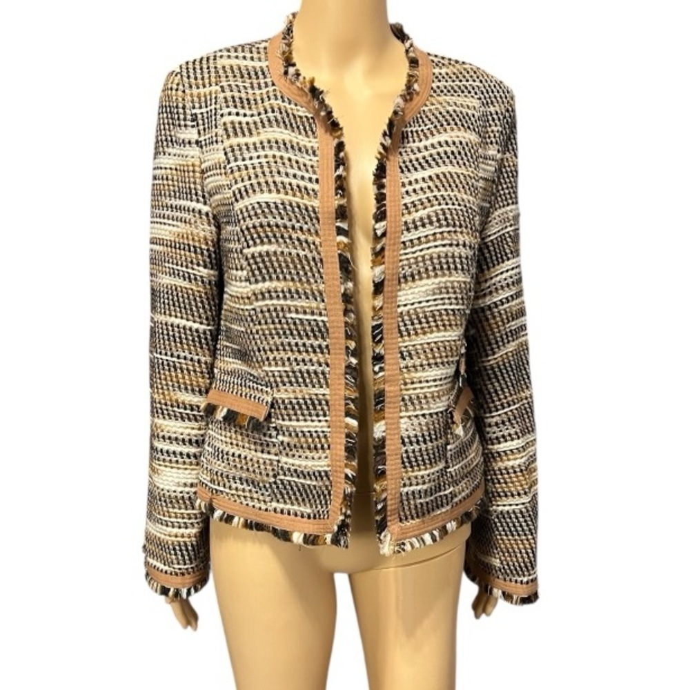 Bandolino Women's Tweed Jacket Fringed - Black, Brown, Tan Size 12